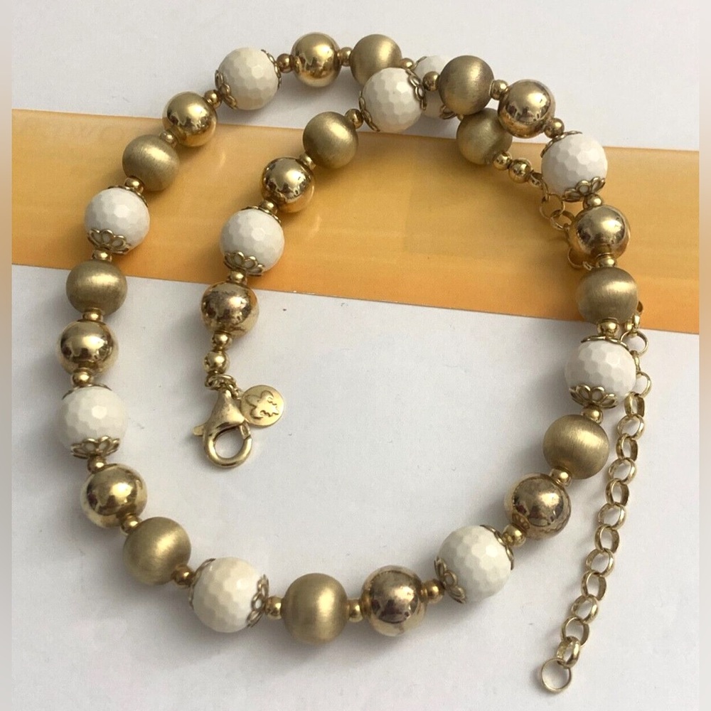 Veronese ITALY Sterling Silver Gold Vermeil White Glass Beads Choker Necklace